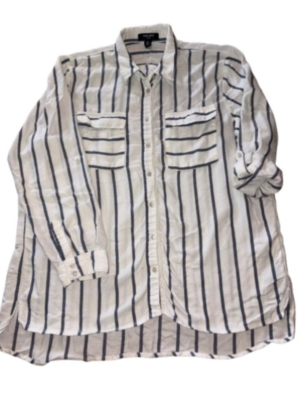 Nine West White and Navy Striped Button-Down Shirt size XL